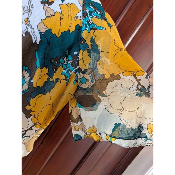Cynthia Rowley Floral Print Blouse Yellow Teal Brown Short Sleeve Lightweight Wo - Picture 3 of 8